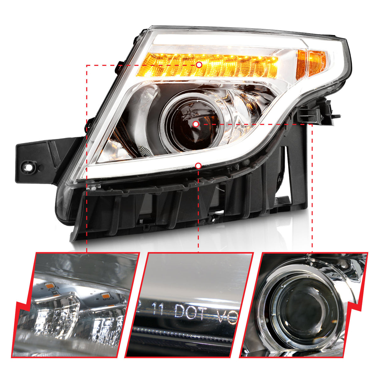 Projector Headlights W/ Light Bar Style Chrome Housing Clear Lens Pair Ford Explorer 2011-2015 AnzoUSA-2