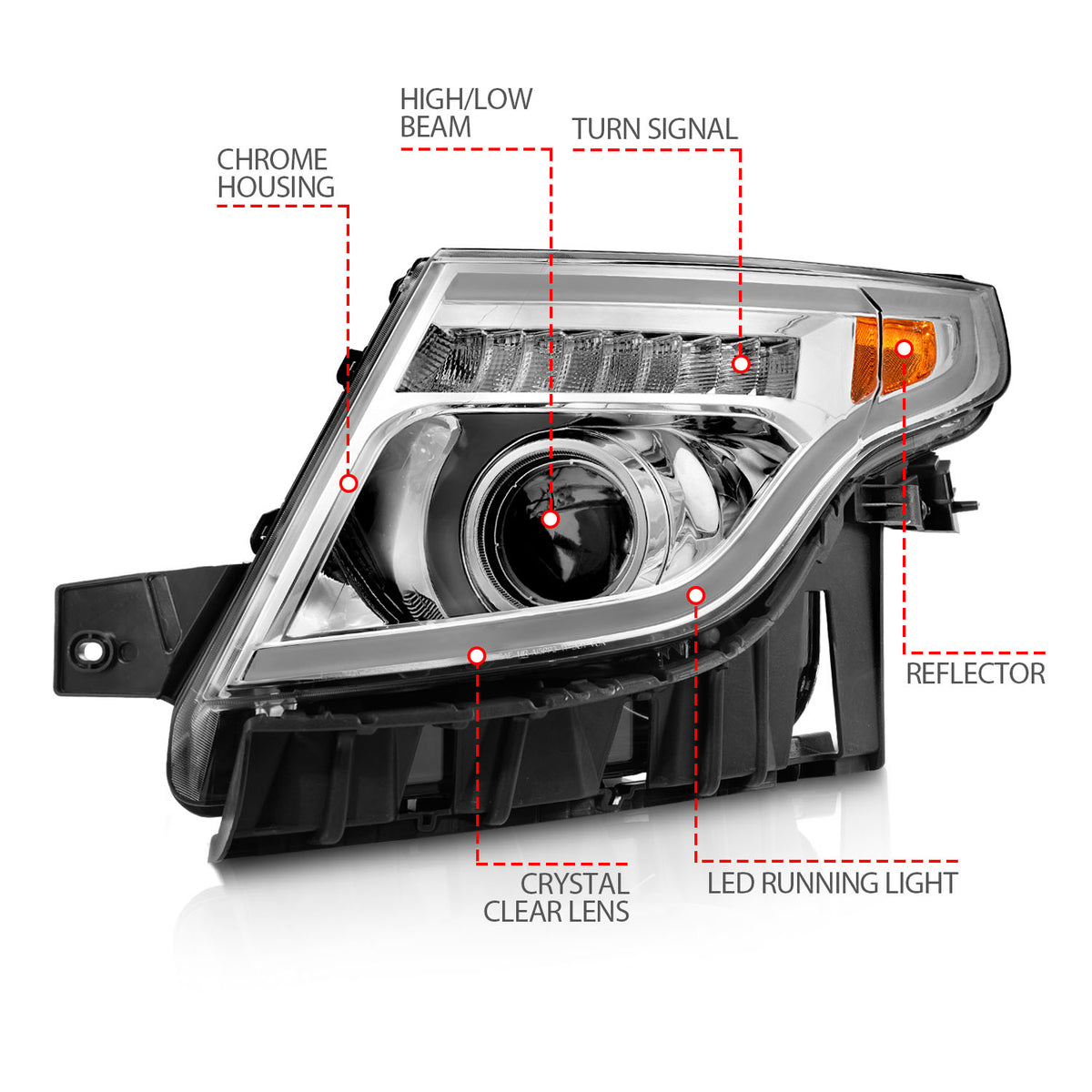 Projector Headlights W/ Light Bar Style Chrome Housing Clear Lens Pair Ford Explorer 2011-2015 AnzoUSA-3