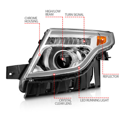 Projector Headlights W/ Light Bar Style Chrome Housing Clear Lens Pair Ford Explorer 2011-2015 AnzoUSA-3