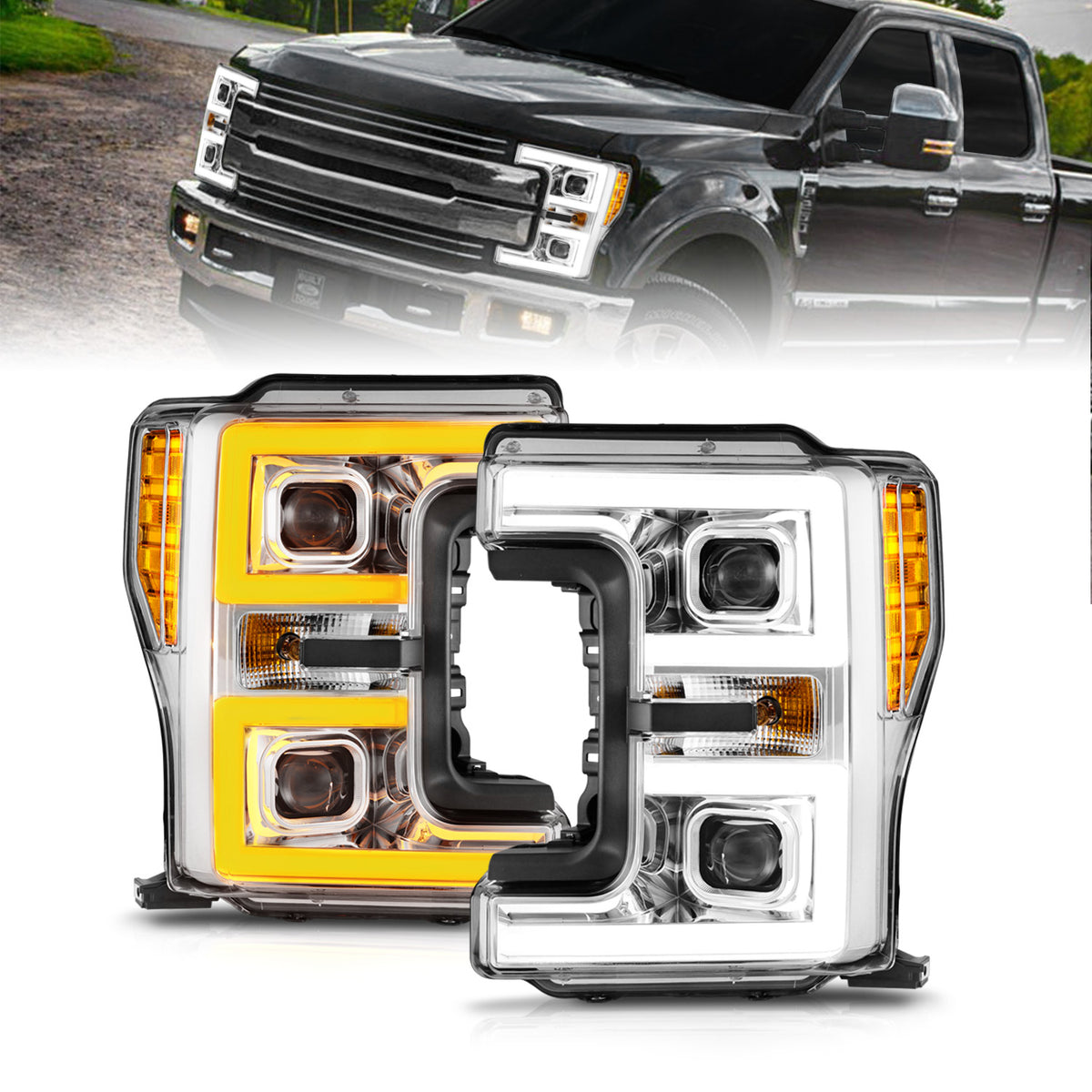 LED Projector Headlights W/ Light Bar Style Switchback Chrome Housing Clear Lens Pair Ford F-250 Super Duty/F-350 Super Duty 2017-2019 AnzoUSA