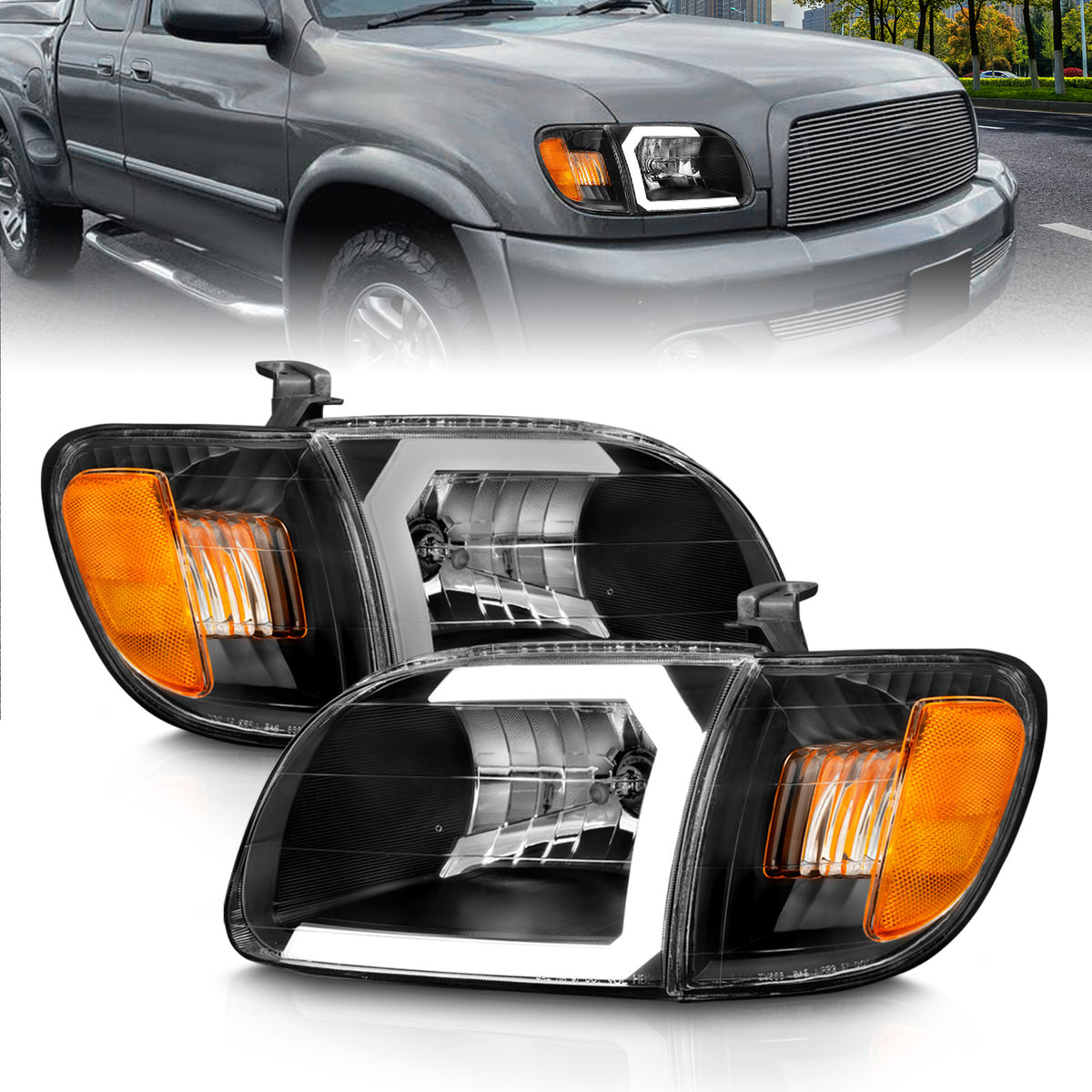 Crystal Headlight Set W/ Light Bar Style Black Housing Clear Lens Pair Toyota Tundra 2000-2004 AnzoUSA