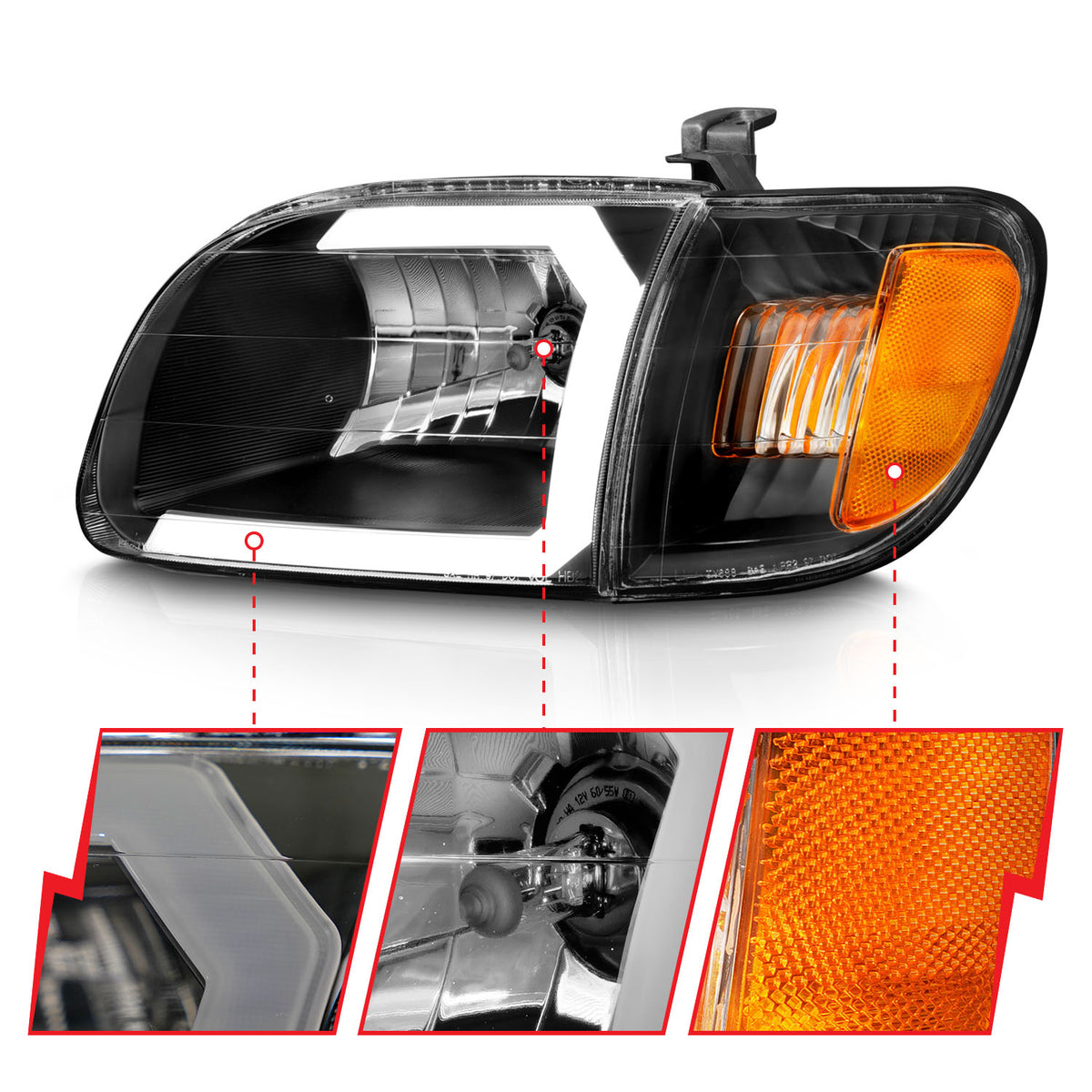 Crystal Headlight Set W/ Light Bar Style Black Housing Clear Lens Pair Toyota Tundra 2000-2004 AnzoUSA-2