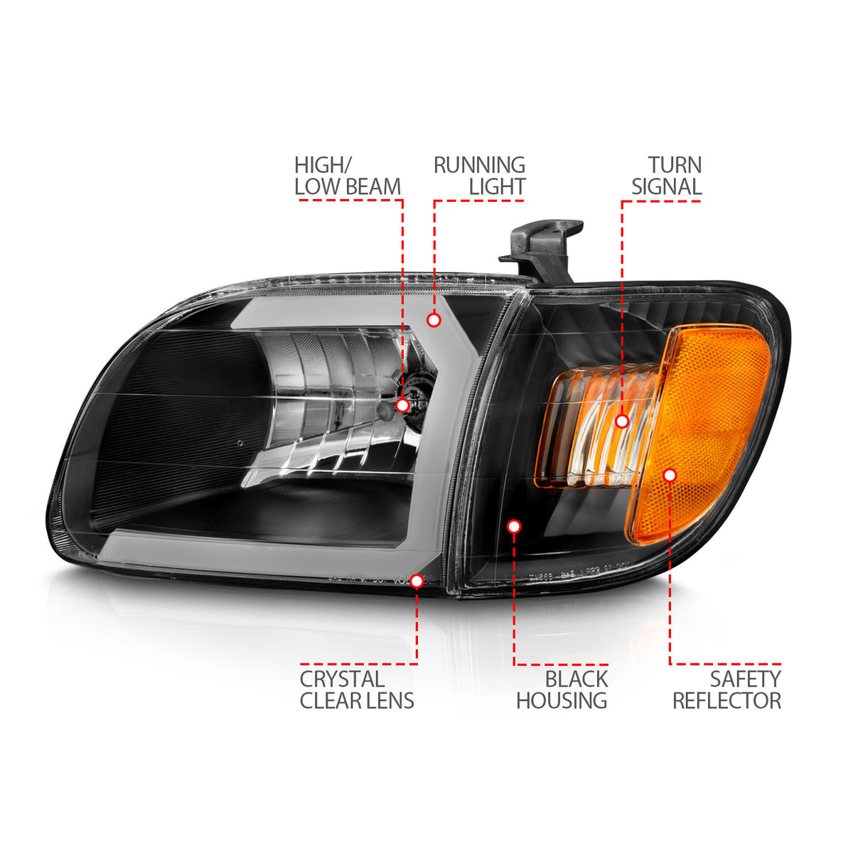 Crystal Headlight Set W/ Light Bar Style Black Housing Clear Lens Pair Toyota Tundra 2000-2004 AnzoUSA-3