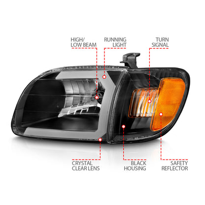 Crystal Headlight Set W/ Light Bar Style Black Housing Clear Lens Pair Toyota Tundra 2000-2004 AnzoUSA-3