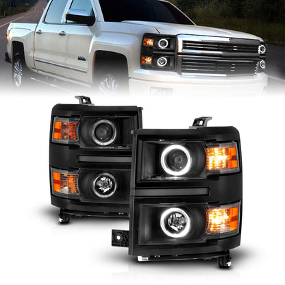 Projector Headlights W/ Halo Black Trim Black Housing Clear Lens Pair Chevrolet Silverado 1500/2500/2500 HD/3500 HD 2014-2015, 3500 2015 AnzoUSA