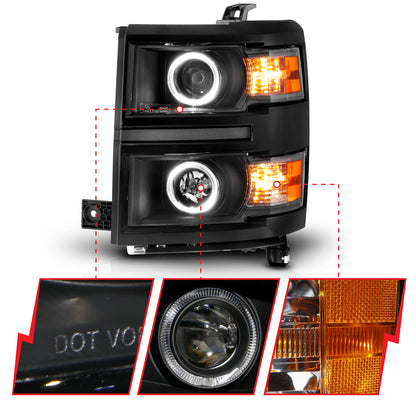Projector Headlights W/ Halo Black Trim Black Housing Clear Lens Pair Chevrolet Silverado 1500/2500/2500 HD/3500 HD 2014-2015, 3500 2015 AnzoUSA-2