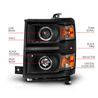 Projector Headlights W/ Halo Black Trim Black Housing Clear Lens Pair Chevrolet Silverado 1500/2500/2500 HD/3500 HD 2014-2015, 3500 2015 AnzoUSA-3