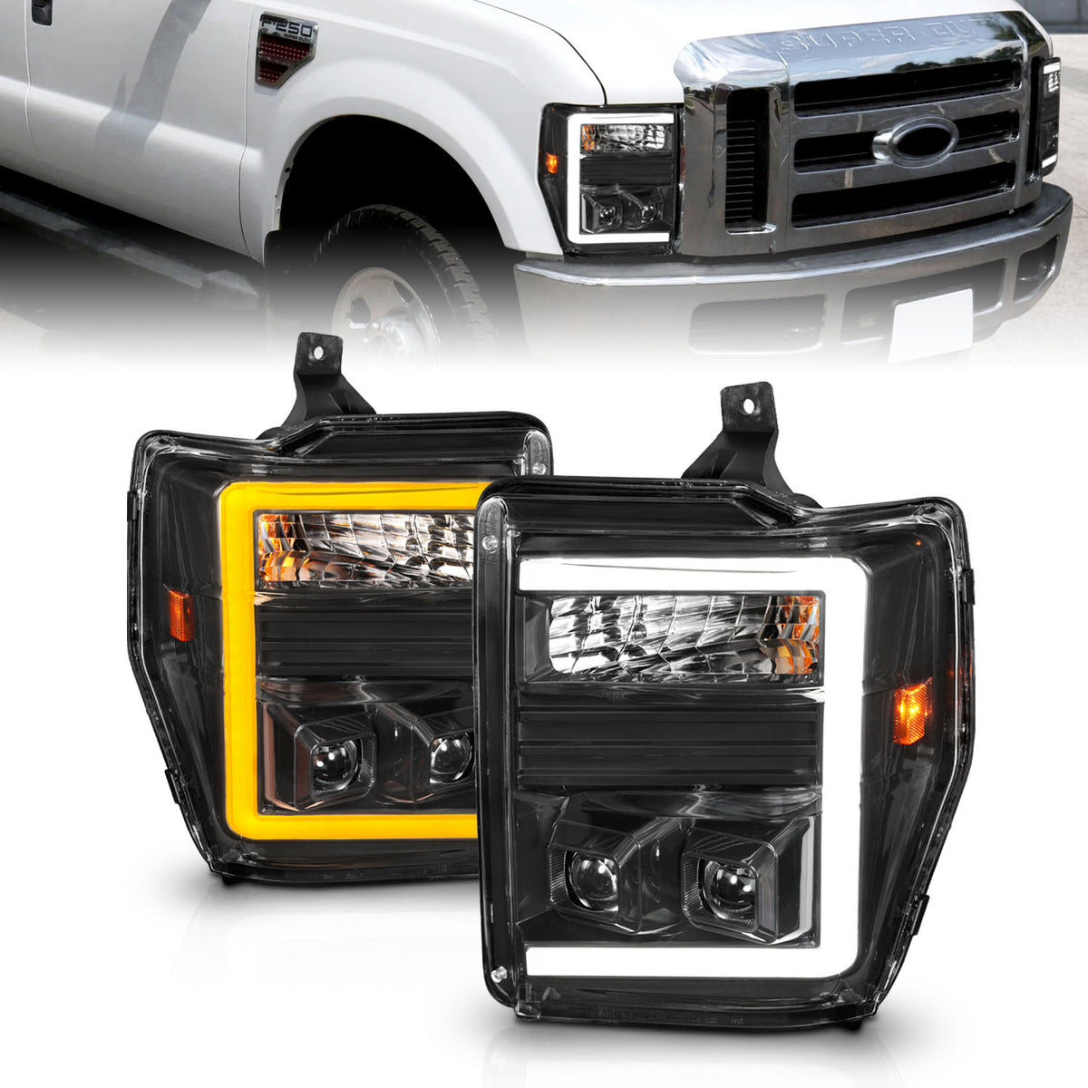 Projector Headlights W/ Light Bar Style Switchback Black Housing Clear Lens Pair Ford F-250 Super Duty/F-350 Super Duty 2010, Ford F-450/F-550 Super Duty 2008-2010 AnzoUSA