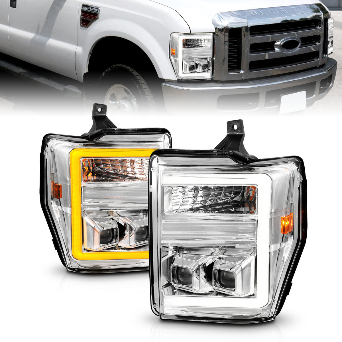 Projector Headlights W/ Light Bar Style Switchback Chrome Housing Clear Lens Pair Ford F-250 Super Duty/F-350/F-450/F-550 Super Duty 2008-2010 AnzoUSA