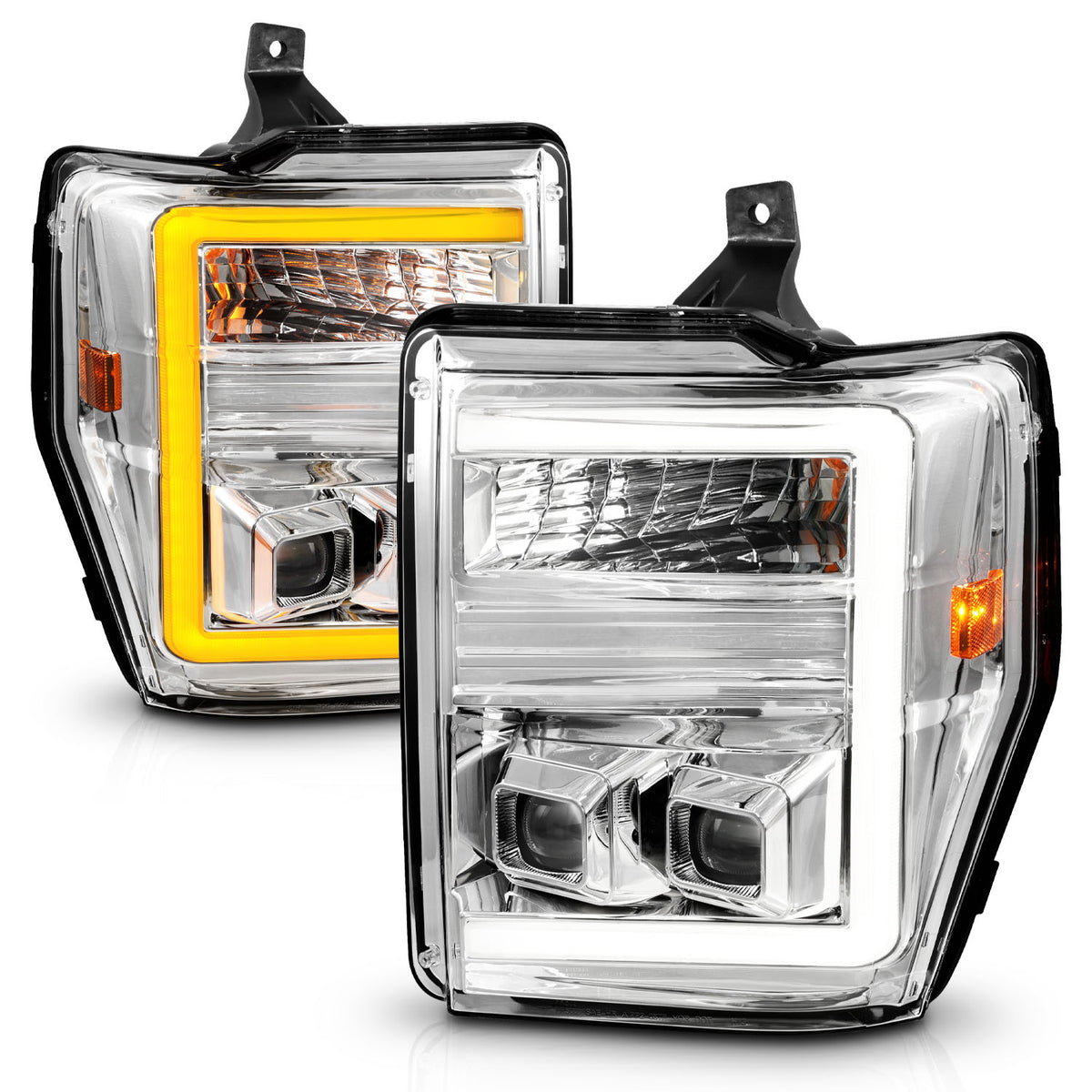 Projector Headlights W/ Light Bar Style Switchback Chrome Housing Clear Lens Pair Ford F-250 Super Duty/F-350/F-450/F-550 Super Duty 2008-2010 AnzoUSA-1