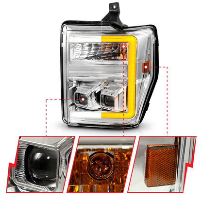 Projector Headlights W/ Light Bar Style Switchback Chrome Housing Clear Lens Pair Ford F-250 Super Duty/F-350/F-450/F-550 Super Duty 2008-2010 AnzoUSA-2