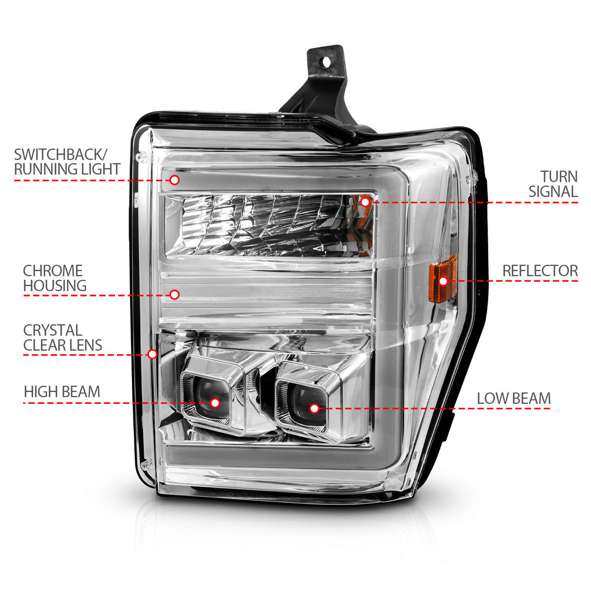 Projector Headlights W/ Light Bar Style Switchback Chrome Housing Clear Lens Pair Ford F-250 Super Duty/F-350/F-450/F-550 Super Duty 2008-2010 AnzoUSA-3