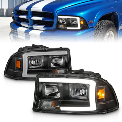 Crystal Headlight Set W/ Light Bar Style Black Housing Clear Lens Pair Dodge Dakota 1997-2004, Dodge Durango 1998-2003 AnzoUSA