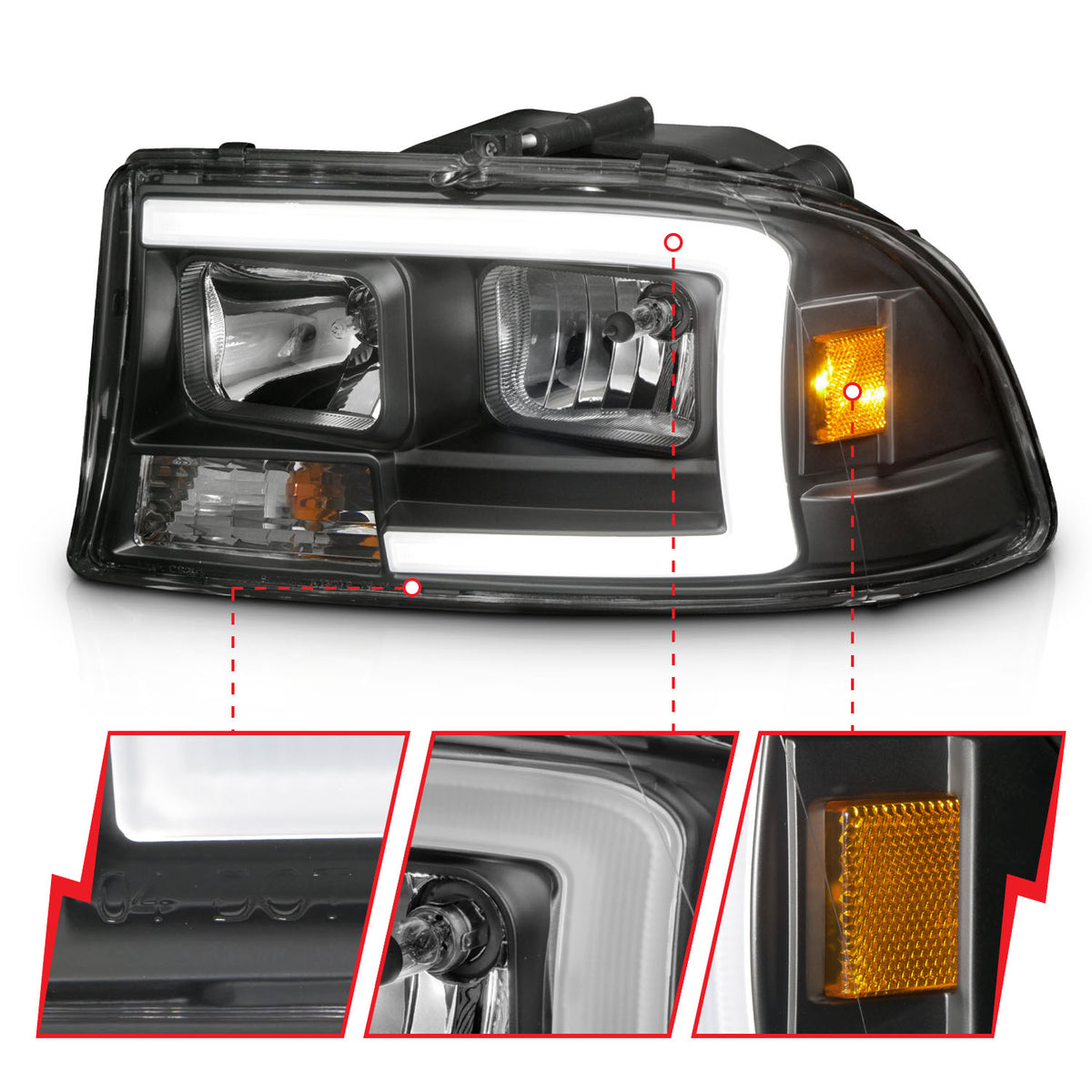 Crystal Headlight Set W/ Light Bar Style Black Housing Clear Lens Pair Dodge Dakota 1997-2004, Dodge Durango 1998-2003 AnzoUSA-2