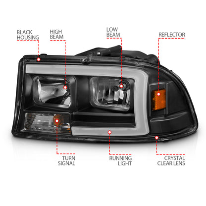 Crystal Headlight Set W/ Light Bar Style Black Housing Clear Lens Pair Dodge Dakota 1997-2004, Dodge Durango 1998-2003 AnzoUSA-3