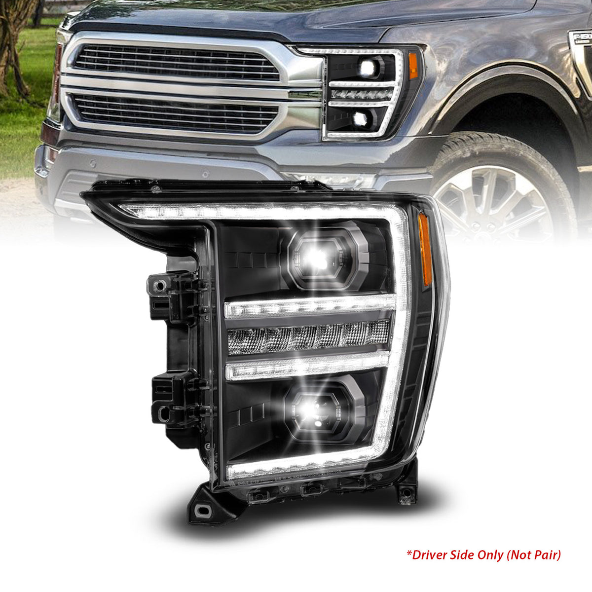 LED Projector Headlights Black Housing Full LED Projector Sequential Switchback Tube W/DRL & Initiation Feature (Driver Side Only) Ford F-150 2021-2023 AnzoUSA