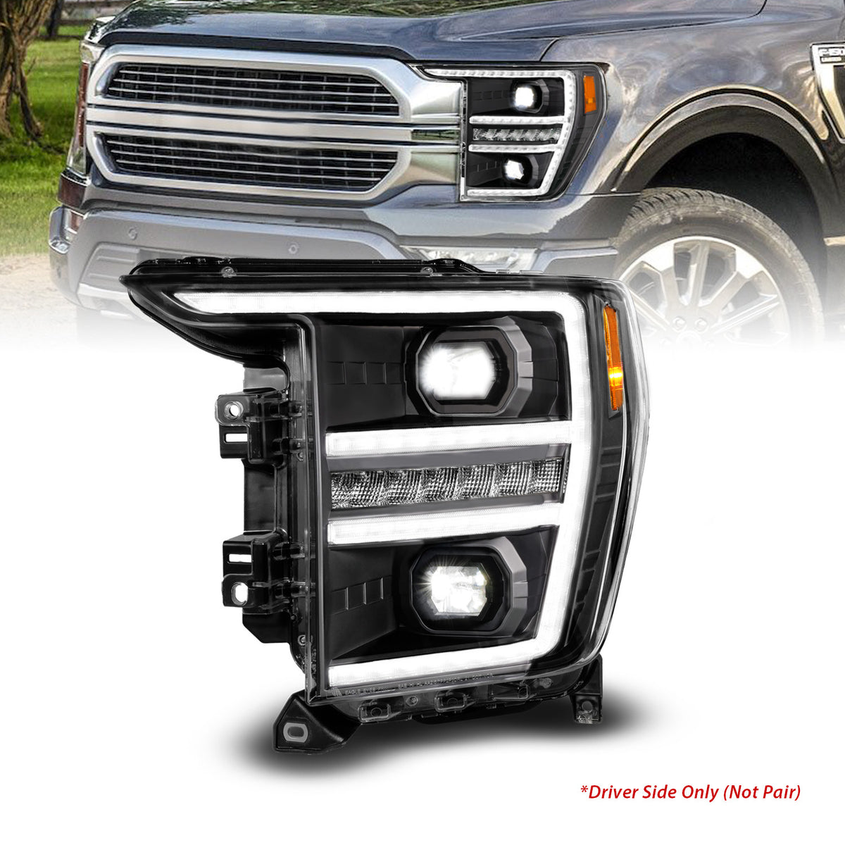 LED Projector Headlights Black Housing Full LED Projector Sequential Switchback Tube W/DRL & Initiation Feature (Driver Side Only) Ford F-150 2021-2023 AnzoUSA-1