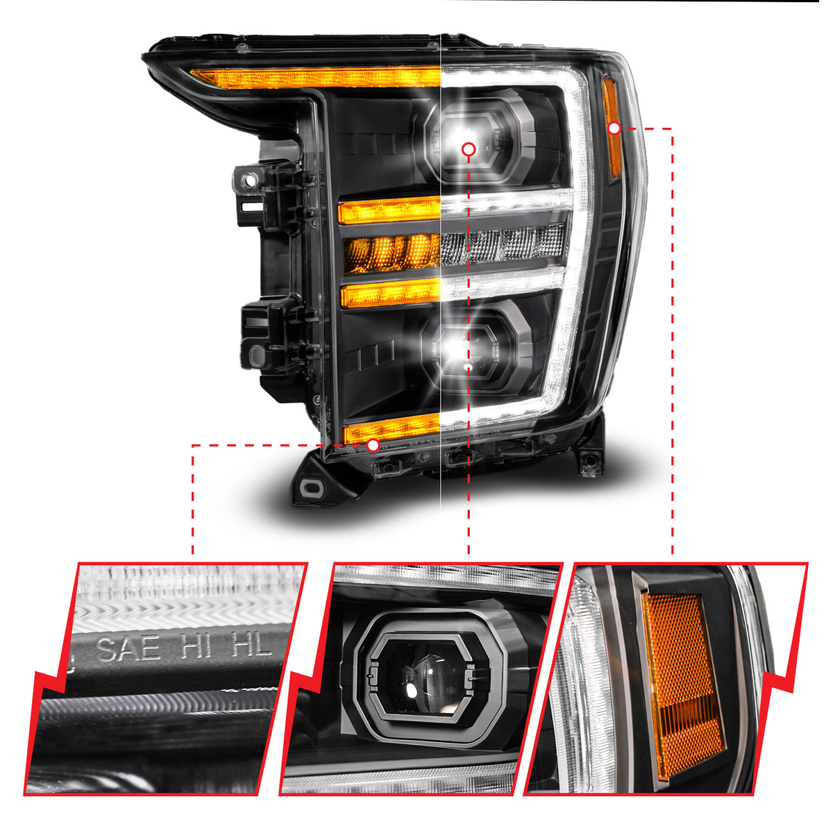LED Projector Headlights Black Housing Full LED Projector Sequential Switchback Tube W/DRL & Initiation Feature (Driver Side Only) Ford F-150 2021-2023 AnzoUSA-4