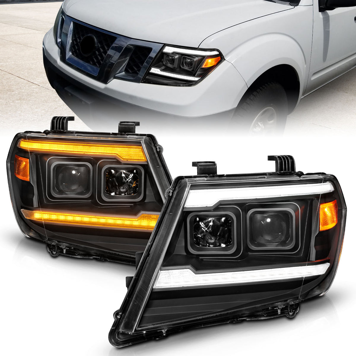 Dual Square Projector Headlights Sequential+switchback Light Bar Black Housing Clear Lens Pair Nissan Frontier 2009-2020 AnzoUSA