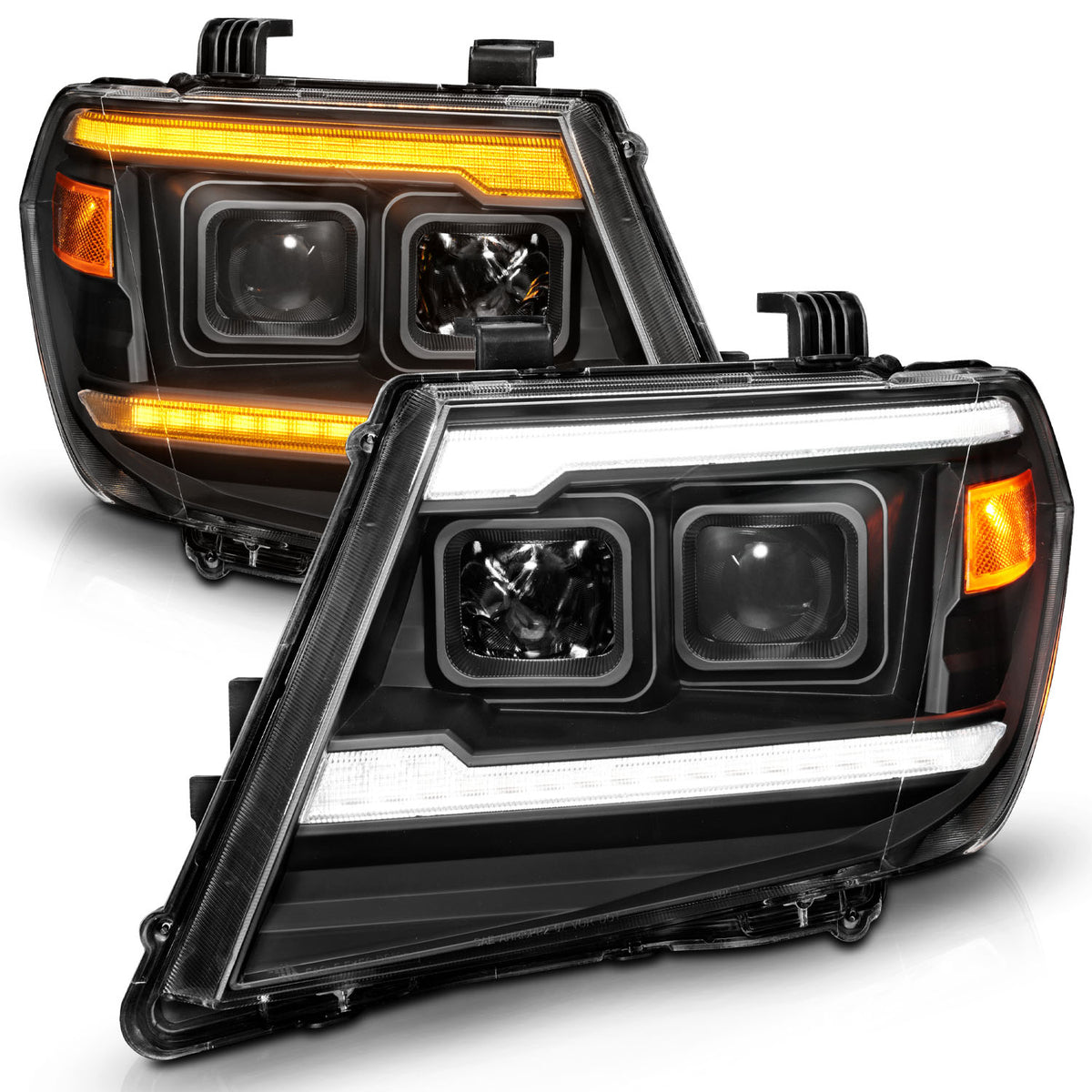 Dual Square Projector Headlights Sequential+switchback Light Bar Black Housing Clear Lens Pair Nissan Frontier 2009-2020 AnzoUSA-1