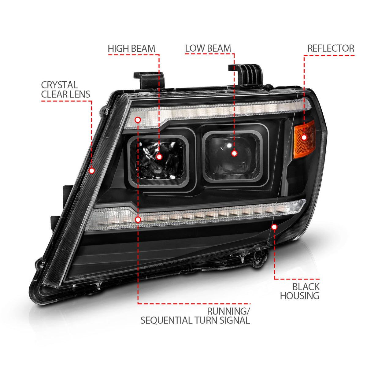 Dual Square Projector Headlights Sequential+switchback Light Bar Black Housing Clear Lens Pair Nissan Frontier 2009-2020 AnzoUSA-3