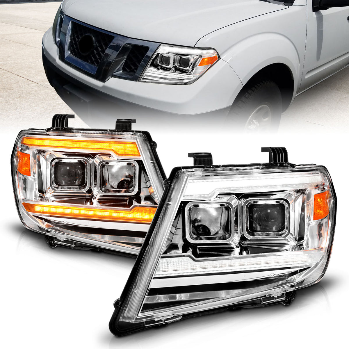 Dual Square Projector Headlights Sequential+switchback Light Bar Chrome Housing Clear Lens Pair Nissan Frontier 2009-2020 AnzoUSA