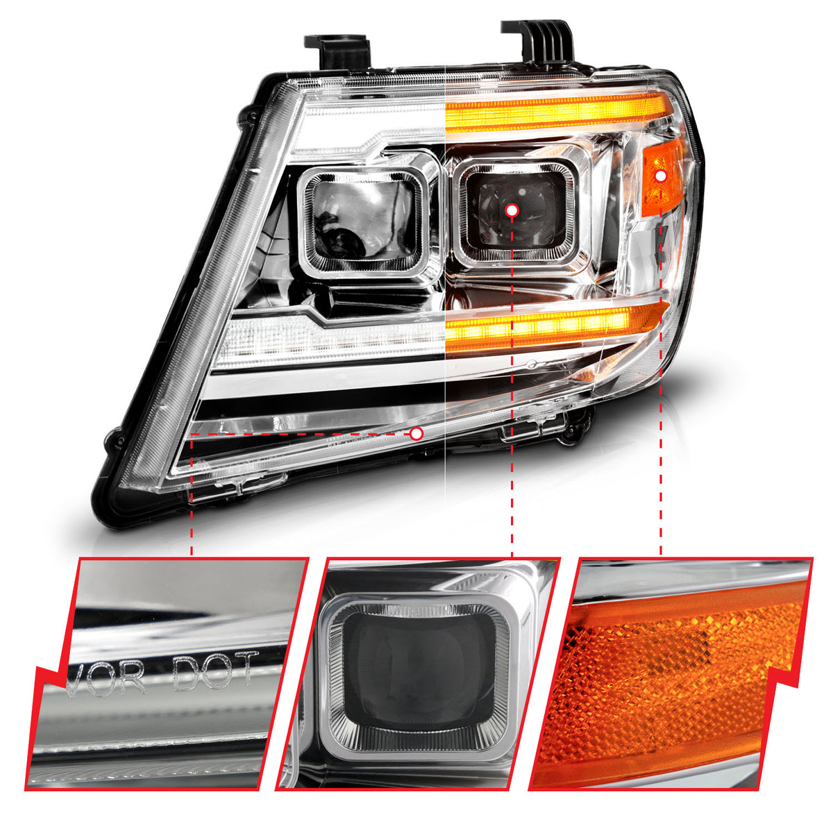 Dual Square Projector Headlights Sequential+switchback Light Bar Chrome Housing Clear Lens Pair Nissan Frontier 2009-2020 AnzoUSA-2