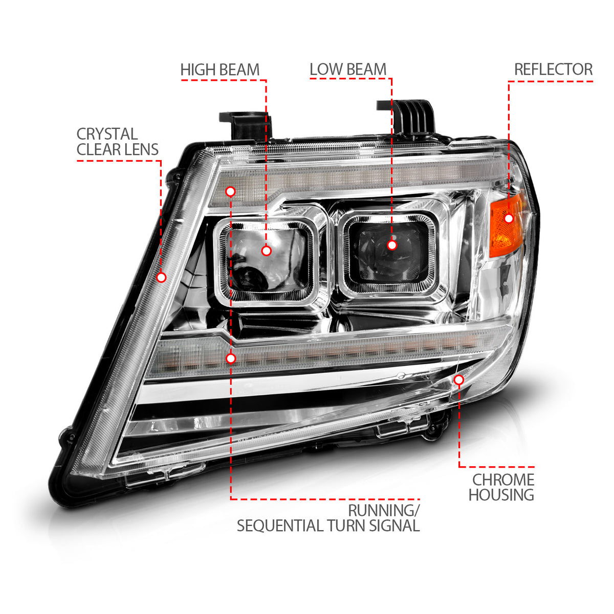 Dual Square Projector Headlights Sequential+switchback Light Bar Chrome Housing Clear Lens Pair Nissan Frontier 2009-2020 AnzoUSA-3