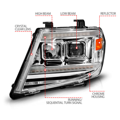 Dual Square Projector Headlights Sequential+switchback Light Bar Chrome Housing Clear Lens Pair Nissan Frontier 2009-2020 AnzoUSA-3