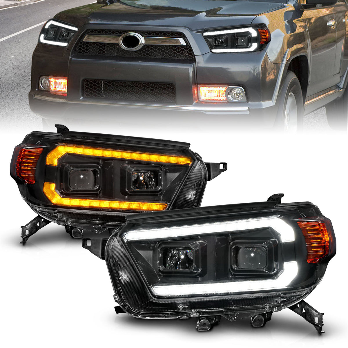 Projector Headlight Square Set W/LED DRL Sequential Turn Signal Clear Lens Black Housing Pair AnzoUSA