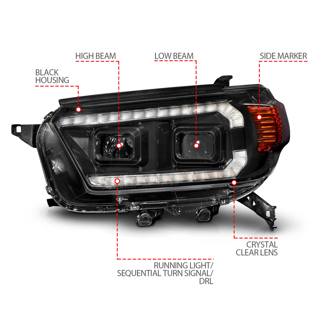 Projector Headlight Square Set W/LED DRL Sequential Turn Signal Clear Lens Black Housing Pair AnzoUSA-3
