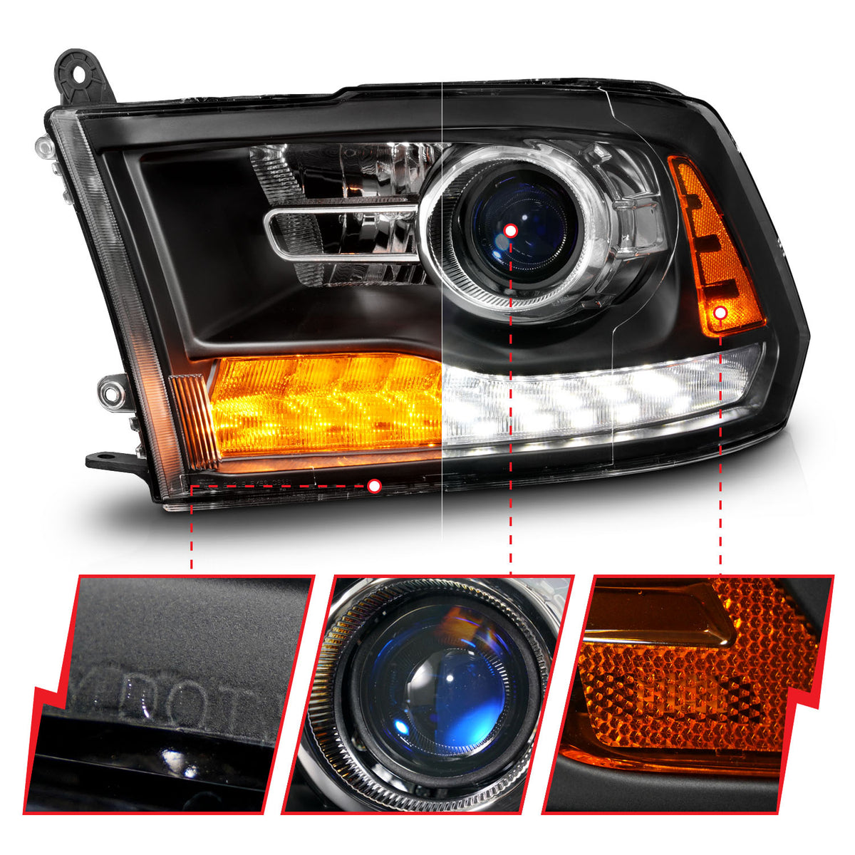 Projector Headlights Plank Style Switchback+sequential Matte Black Housing Clear Lens PairRam 1500/2500/3500 2011-2018 AnzoUSA-2