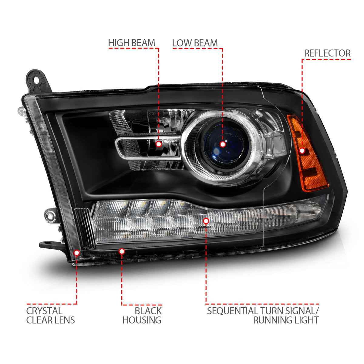 Projector Headlights Plank Style Switchback+sequential Matte Black Housing Clear Lens PairRam 1500/2500/3500 2011-2018 AnzoUSA-3