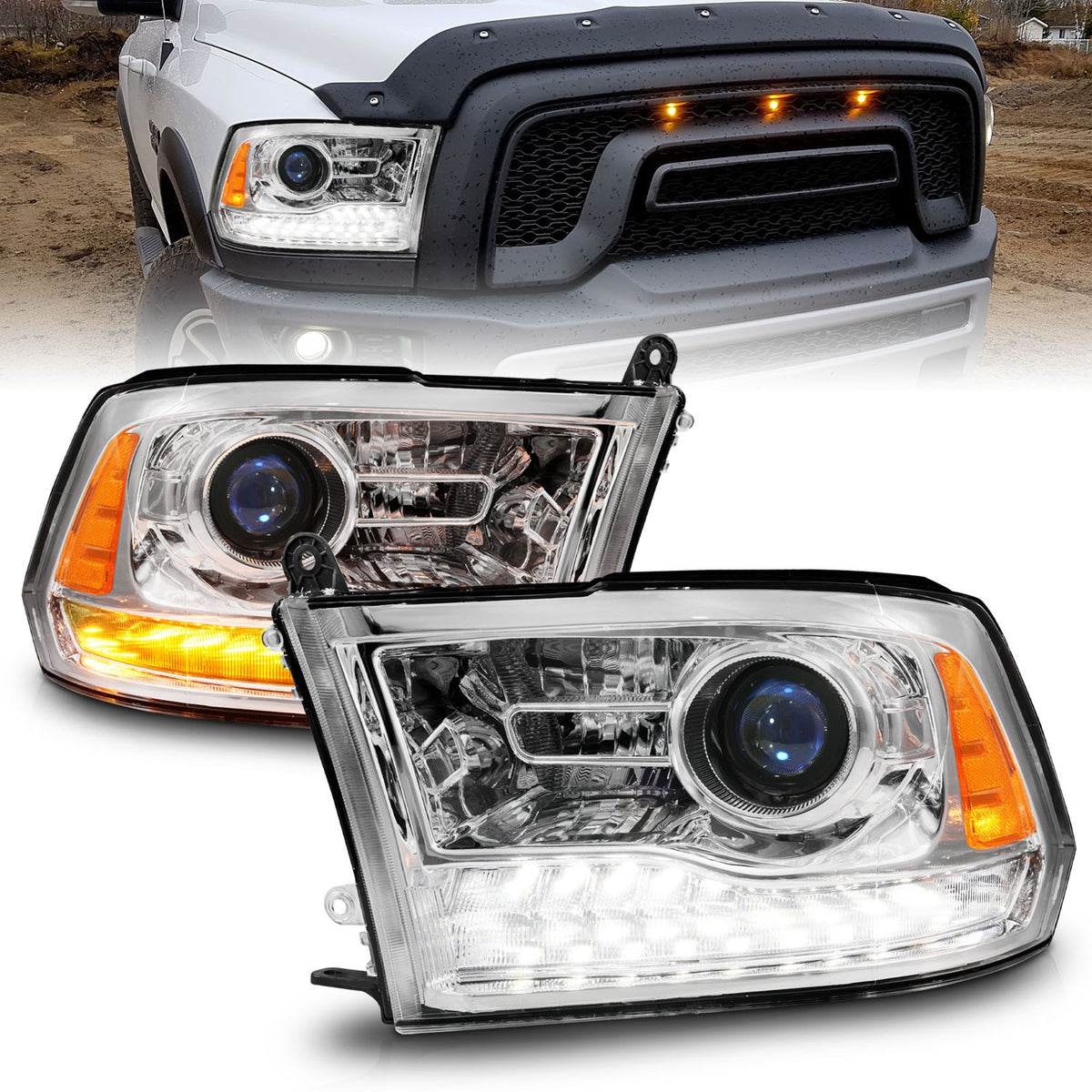 Projector Headlights Plank Style Switchback+sequential Chrome Housing Clear Lens PairRam 1500/2500/3500 2011-2018 AnzoUSA
