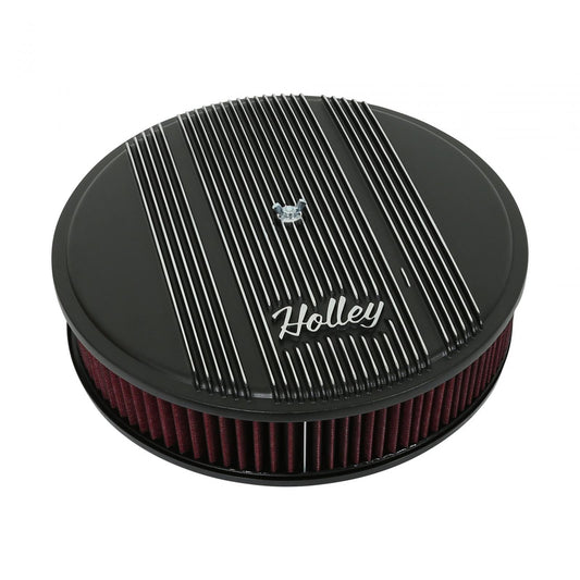 Finned Vintage Style Air Cleaner 14 Diameter X 3 Tall Round 4150 & 4160 Carburetors w/5.125 Diameter Neck Black Finned Air Cleaner Assembly Premium Element Die-Cast Aluminum Holley