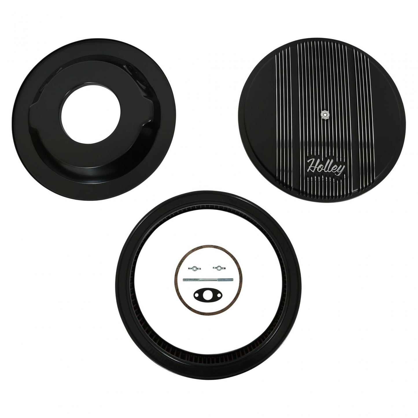 Finned Vintage Style Air Cleaner 14 Diameter X 3 Tall Round 4150 & 4160 Carburetors w/5.125 Diameter Neck Black Finned Air Cleaner Assembly Premium Element Die-Cast Aluminum Holley-1