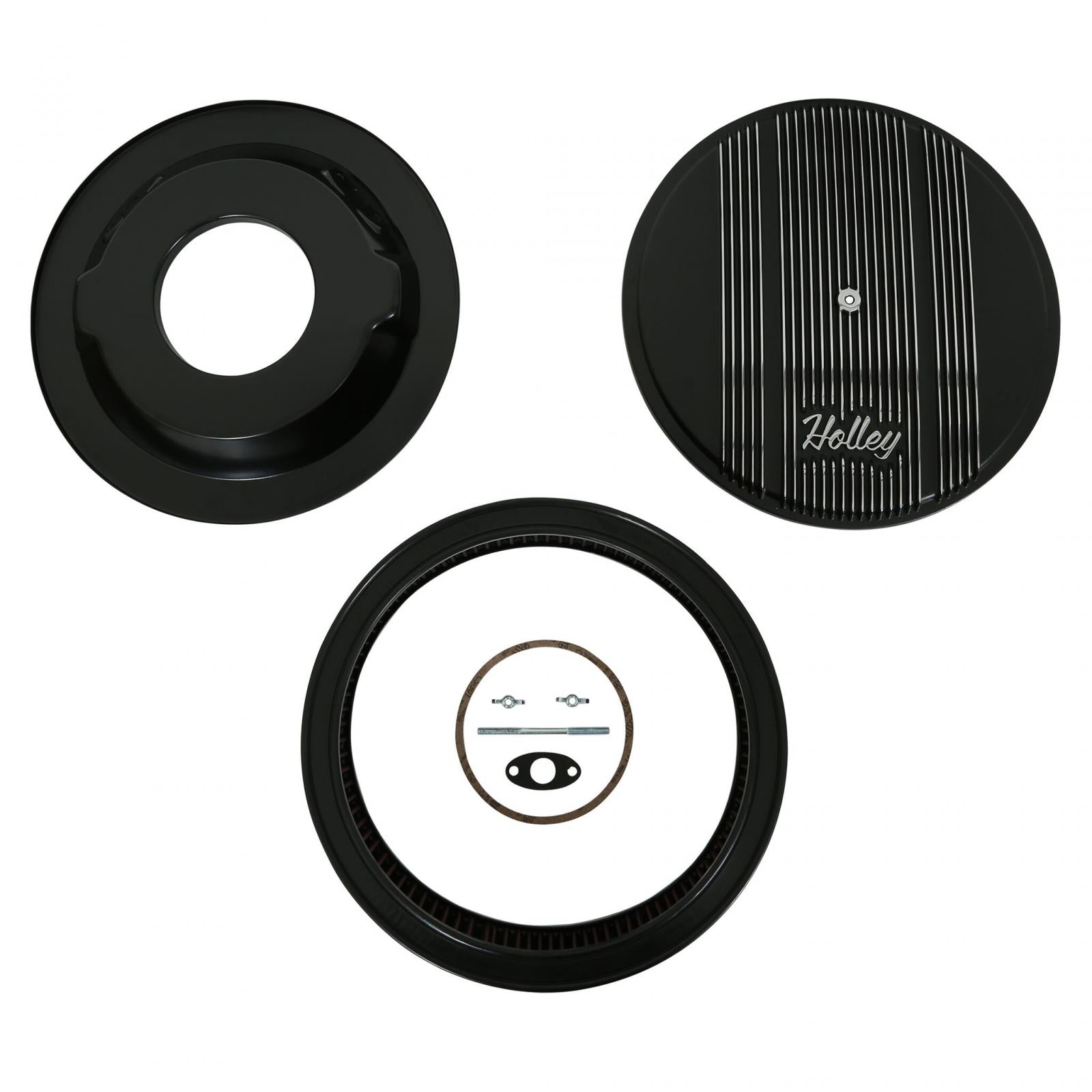 Finned Vintage Style Air Cleaner 14 Diameter X 3 Tall Round 4150 & 4160 Carburetors w/5.125 Diameter Neck Black Finned Air Cleaner Assembly Premium Element Die-Cast Aluminum Holley-1