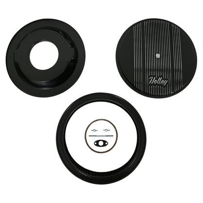 Finned Vintage Style Air Cleaner 14 Diameter X 3 Tall Round 4150 & 4160 Carburetors w/5.125 Diameter Neck Black Finned Air Cleaner Assembly Premium Element Die-Cast Aluminum Holley-1