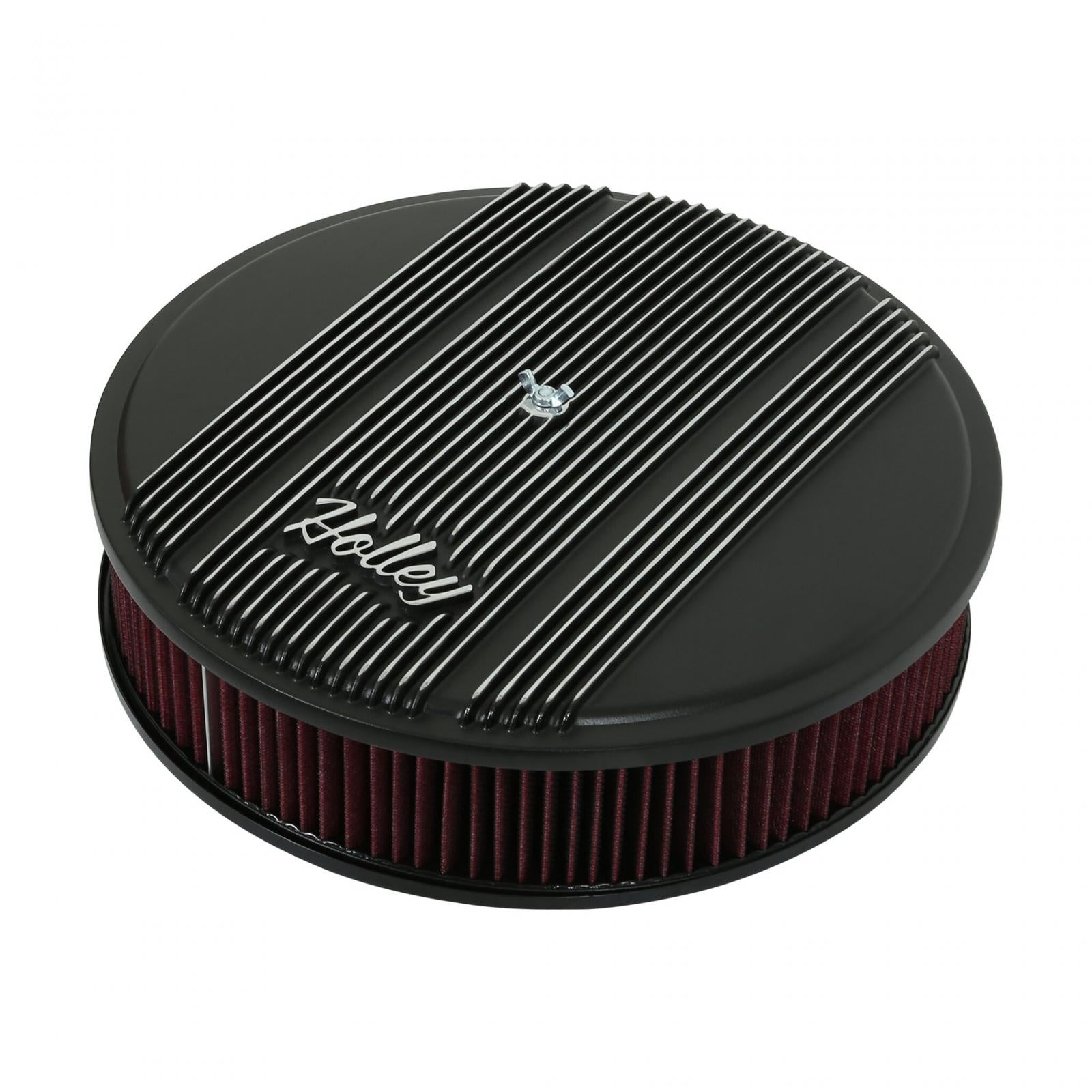 Finned Vintage Style Air Cleaner 14 Diameter X 3 Tall Round 4150 & 4160 Carburetors w/5.125 Diameter Neck Black Finned Air Cleaner Assembly Premium Element Die-Cast Aluminum Holley-2