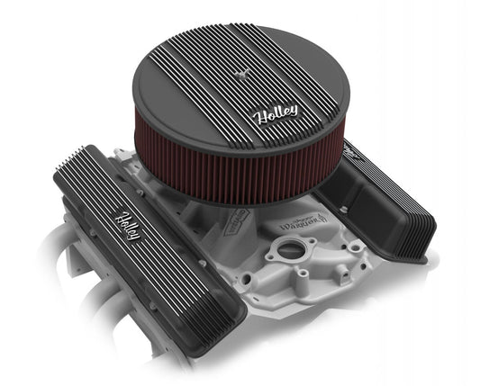 Finned Vintage Style Air Cleaner 14 Diameter X 4 Tall Round 4150 & 4160 Carburetors w/5.125 Diameter Neck Black Finned Air Cleaner Assembly Premium Element Die-Cast Aluminum Holley-1