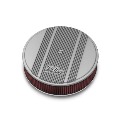 14 Round Finned Air Cleaner Finned Air Cleaner Assembly, 14 Round Design W/ 3 Paper Element, Die-Cast Aluminum, Fits 4150 & 4160 Carburetors w/5.125 Diameter Neck Holley