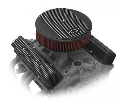 Vintage Series GM Licensed Air Cleaner Satin Black Machined 14 X 3 Air Cleaner Kit W/ Premium Filter GM Bowtie Logo & Vintage Fins Holley-1