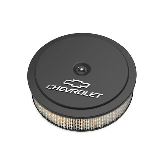 GM Muscle Series Air Cleaner Satin Black Machined 14 X 3 Air Cleaner Kit W/ Paper Filter GM Bowtie and Chevrolet Logo Holley