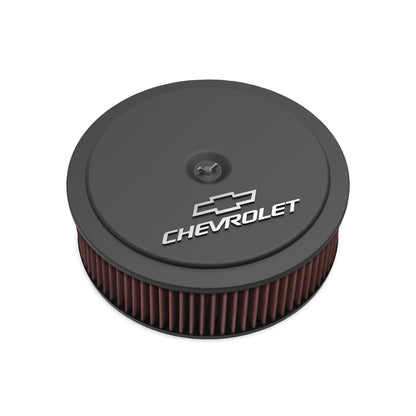 GM Muscle Series Air Cleaner Satin Black Machined 14 X 4 Air Cleaner Kit W/ Premium Filter GM Bowtie and Chevrolet Logo Holley