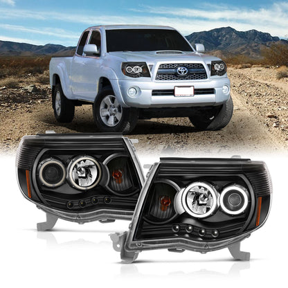 Headlight Set Projector w/Halo Clear Lens Black Housing Pair Toyota Tacoma 2005-2011 AnzoUSA-3