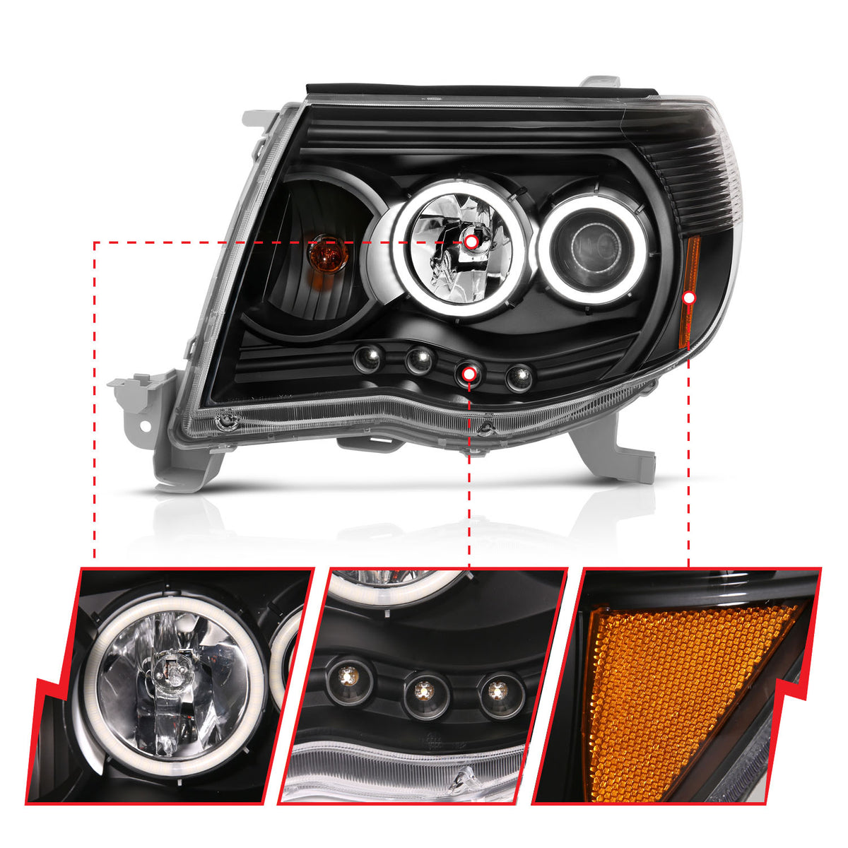 Headlight Set Projector w/Halo Clear Lens Black Housing Pair Toyota Tacoma 2005-2011 AnzoUSA-5
