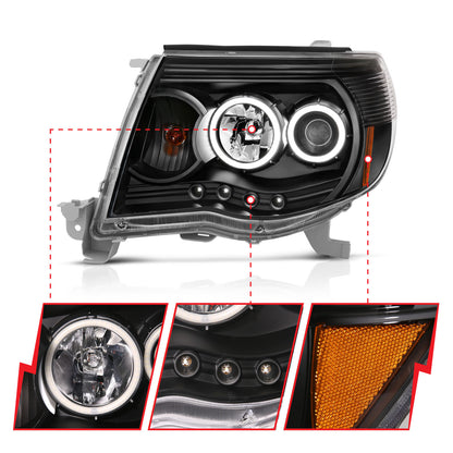 Headlight Set Projector w/Halo Clear Lens Black Housing Pair Toyota Tacoma 2005-2011 AnzoUSA-5