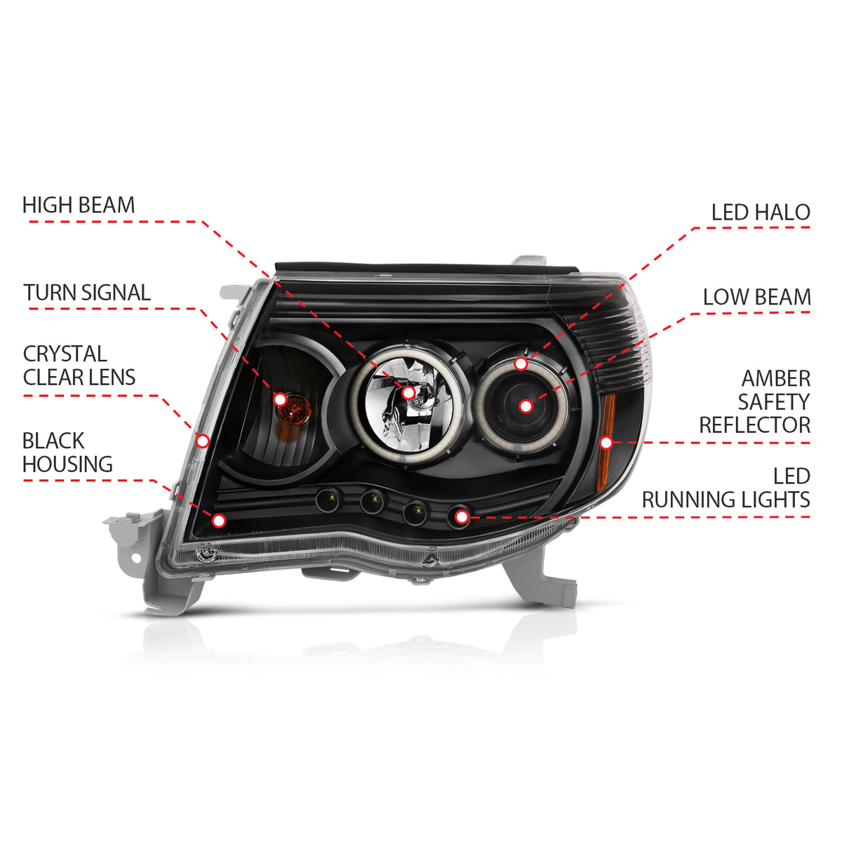 Headlight Set Projector w/Halo Clear Lens Black Housing Pair Toyota Tacoma 2005-2011 AnzoUSA-6