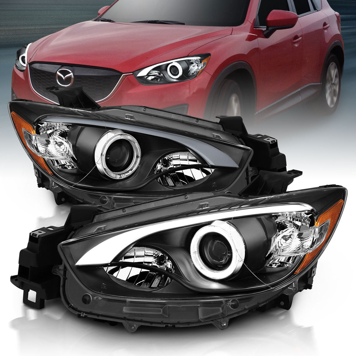 Headlight Set Projector w/Halo Clear Lens Black Housing Pair Mazda CX-5 2013-2014 AnzoUSA-1