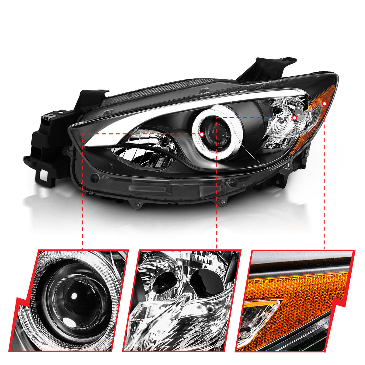 Headlight Set Projector w/Halo Clear Lens Black Housing Pair Mazda CX-5 2013-2014 AnzoUSA-3